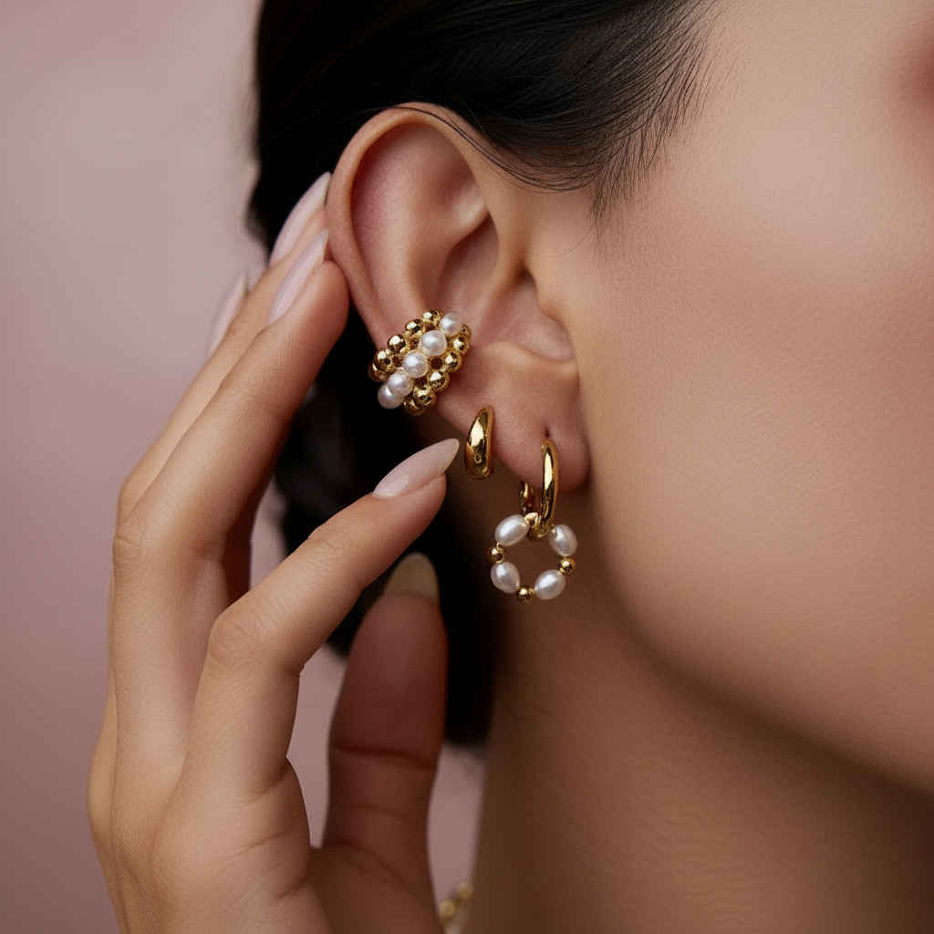 Boucles d'oreilles perles et or - gros plan éclairage doux