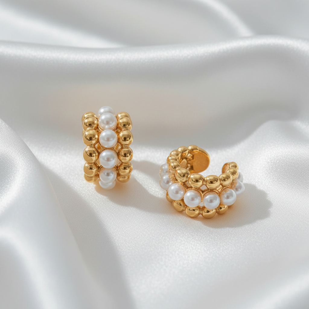 Boucles d'oreilles perles et or - soie blanche