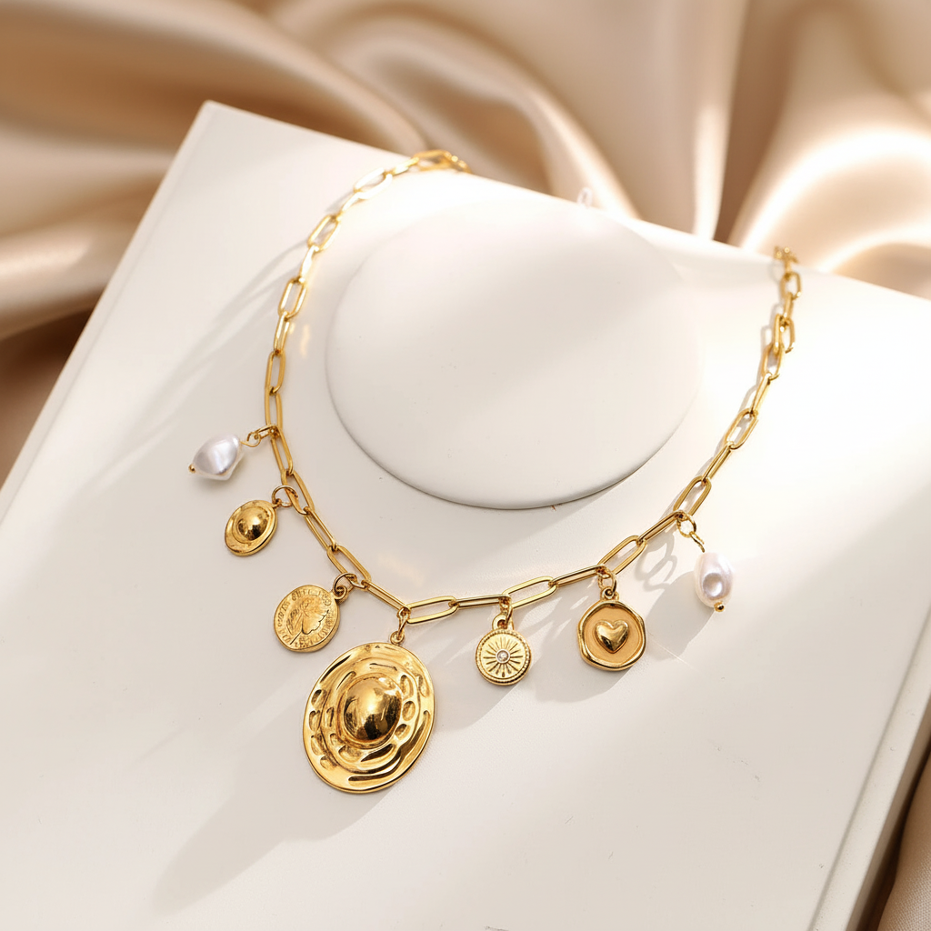 Collier doré sur buste avec fond soie beige