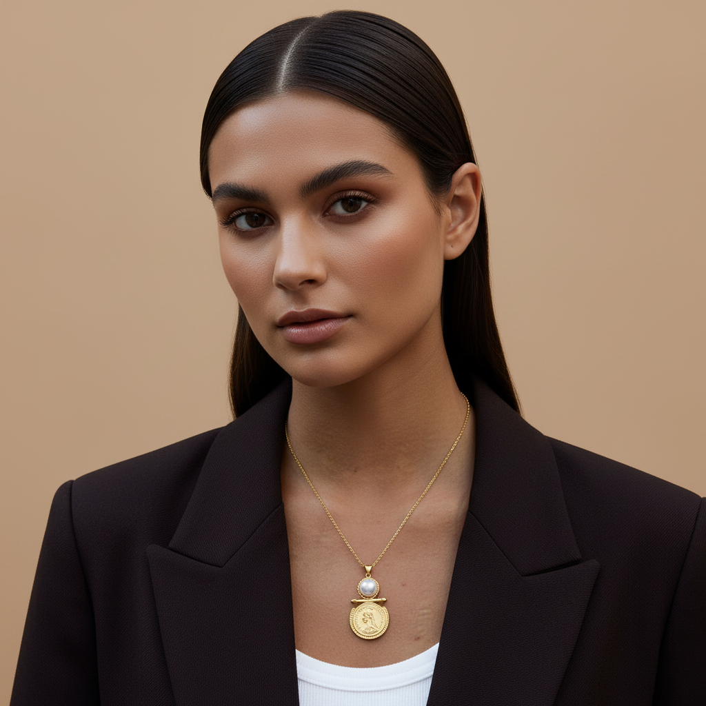 Collier médaille et perle - gros plan