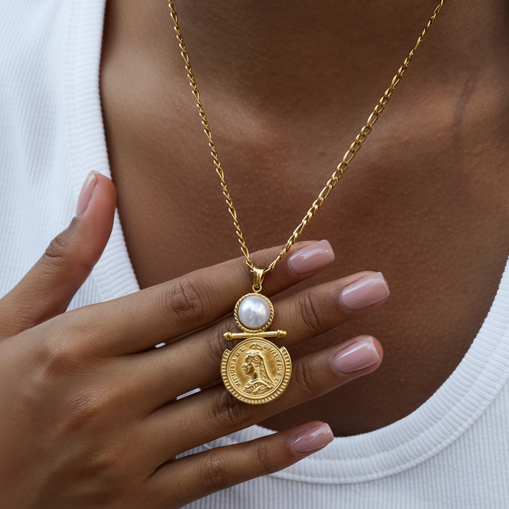 Collier médaille et perle - pose sans visage