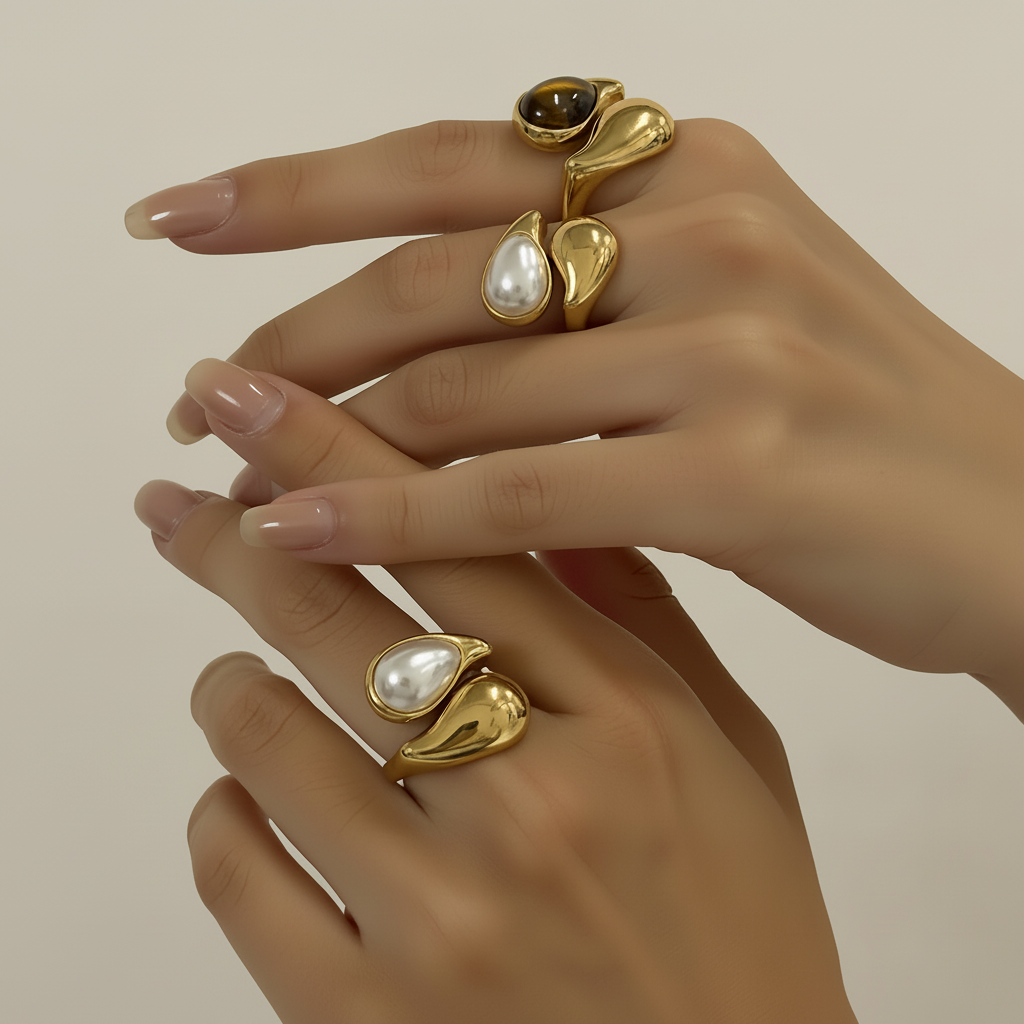 Mains avec bagues - fond beige très clair