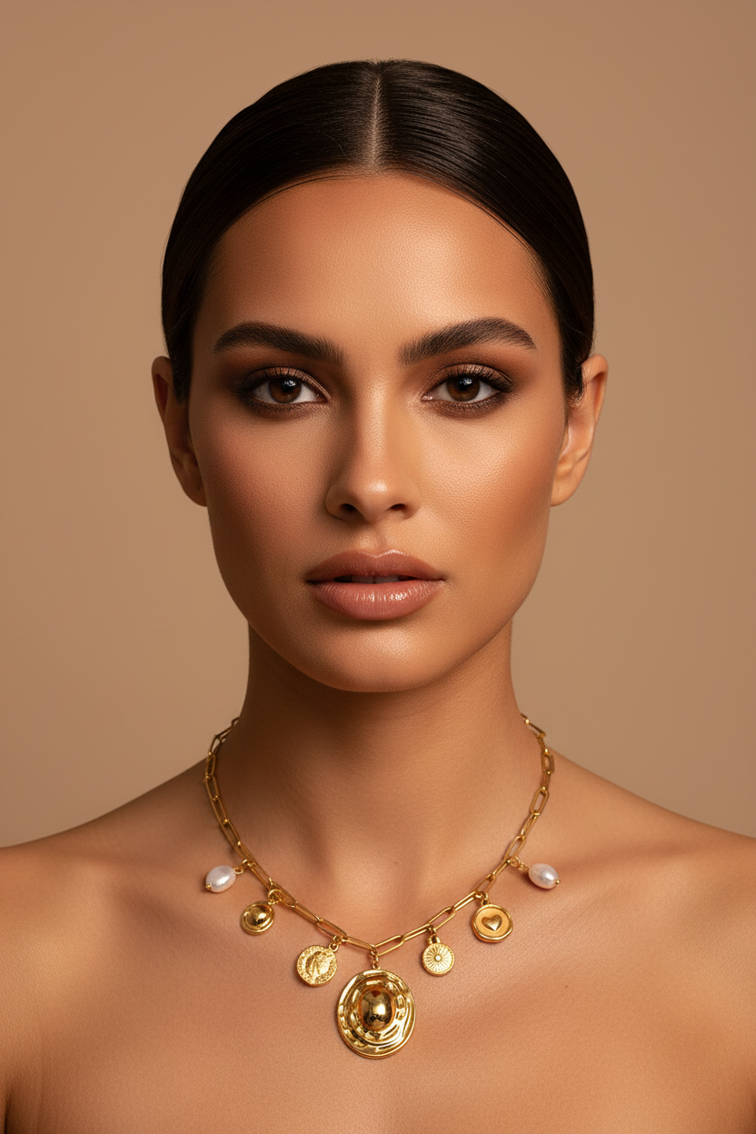 Mannequin brune maquillage glamour avec collier doré